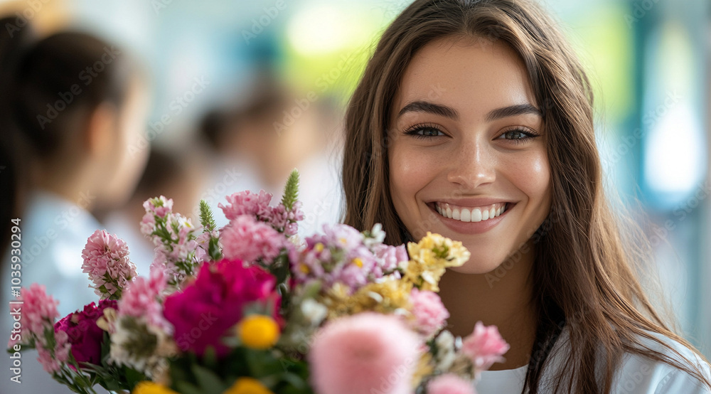 Portrait of a happy female teacher receiving flowers from students on Teacher's Day in a classroom at school, with copy space for text.
Portrait of a happy female teacher receiving flowers from students on Teacher's Day in a classroom at school, with copy space for text.
