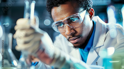 A scientist wearing safety glasses and gloves works on a science experiment.