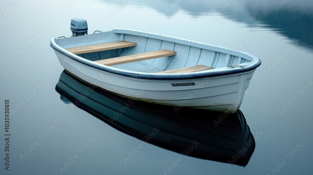 A small boat gently floats on still lake waters, capturing morning tranquility A small boat gently floats on still lake waters, capturing morning tranquility