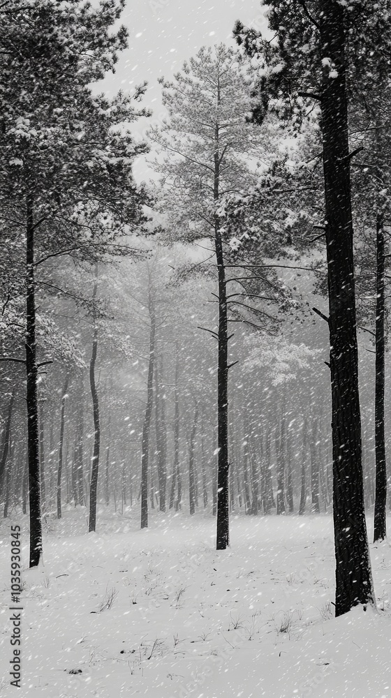 Fototapeta premium Black and White Winter Forest Photography - Snowfall in the Pines