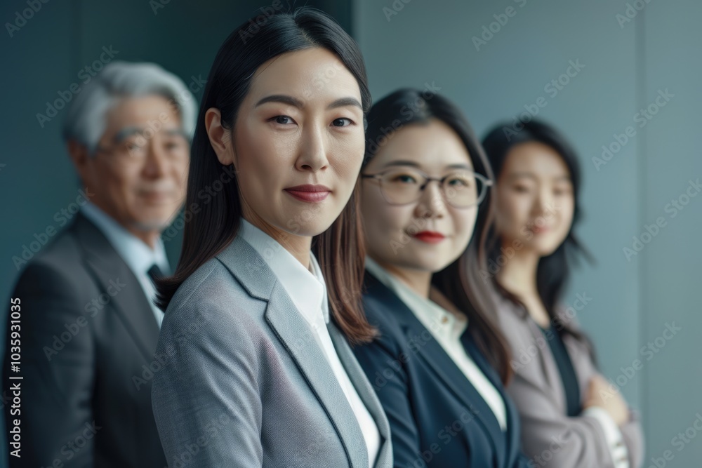 Diverse female business partners in confident stance focus on Asian millennial. Diverse female business partners in confident stance focus on Asian millennial.