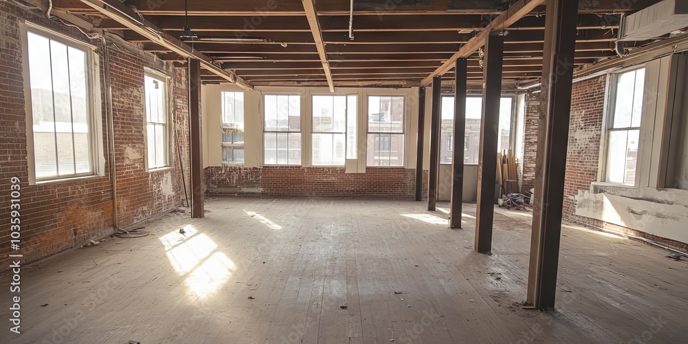 Empty Industrial Space with Exposed Brick Walls and Large Windows Empty Industrial Space with Exposed Brick Walls and Large Windows
