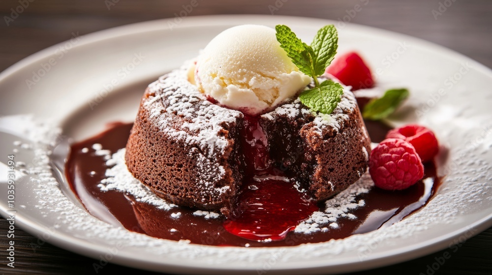 A decadent molten lava cake with rich chocolate oozing out, served on a white plate with a scoop of vanilla ice cream, Lava cake centered A decadent molten lava cake with rich chocolate oozing out, served on a white plate with a scoop of vanilla ice cream, Lava cake centered