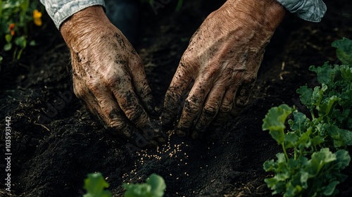 A farmer's soiled hands meticulously sow seeds in the fertile soil of a backyard vegetable bed, symbolizing the dedication and attention required in agriculture and plant care. 