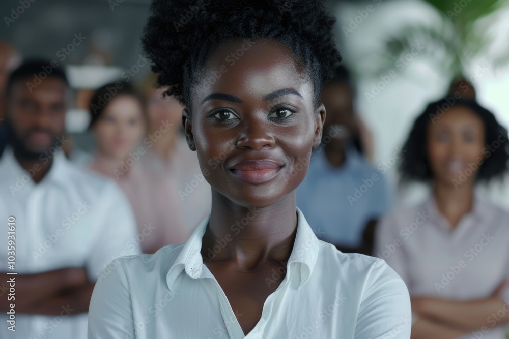 Confident mixed race Black female leader with team in office. Confident mixed race Black female leader with team in office.