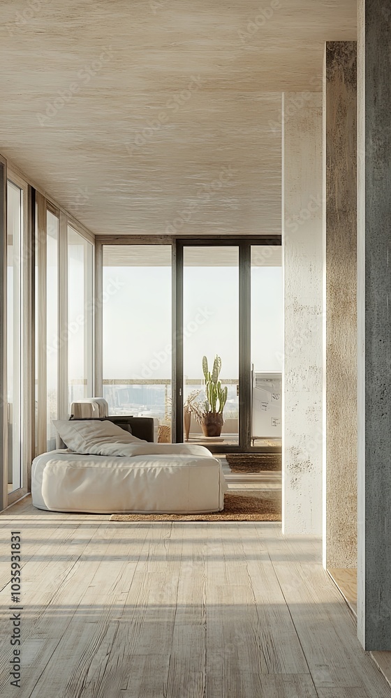 Modern Minimalist Living Room with Large Windows and Balcony View Modern Minimalist Living Room with Large Windows and Balcony View