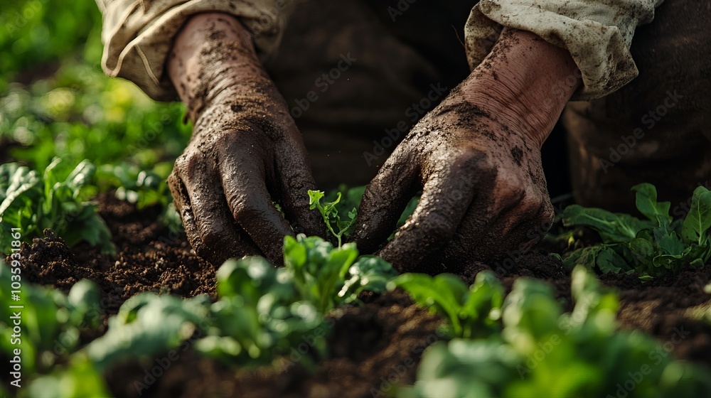A farmer's soiled hands meticulously sow seeds in the fertile soil of a backyard vegetable bed, symbolizing the dedication and attention required in agriculture and plant care. A farmer's soiled hands meticulously sow seeds in the fertile soil of a backyard vegetable bed, symbolizing the dedication and attention required in agriculture and plant care.