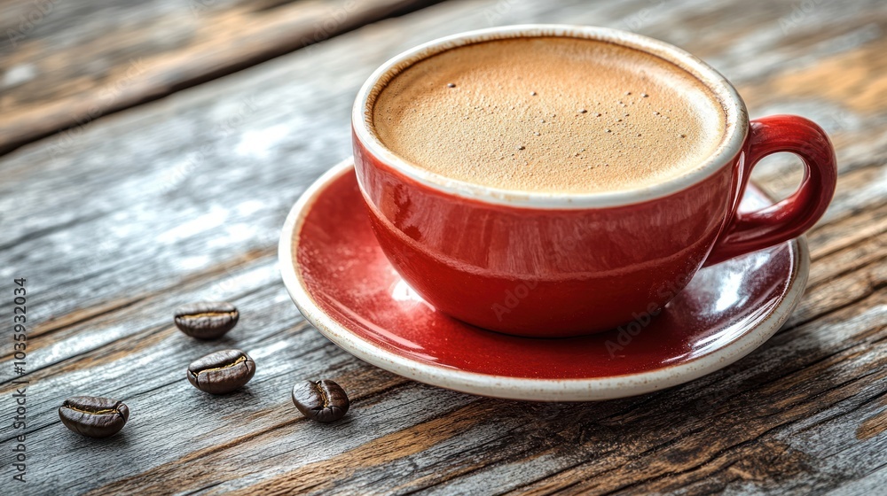 Fototapeta premium A warm cup of coffee sits beside scattered coffee beans on weathered wood