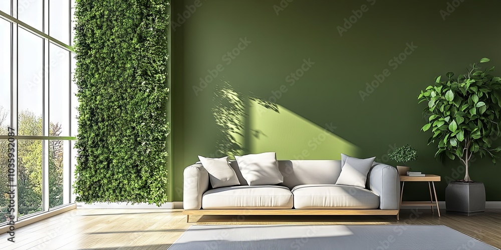 Fototapeta premium Modern Living Room Interior Design with Green Wall and White Sofa
