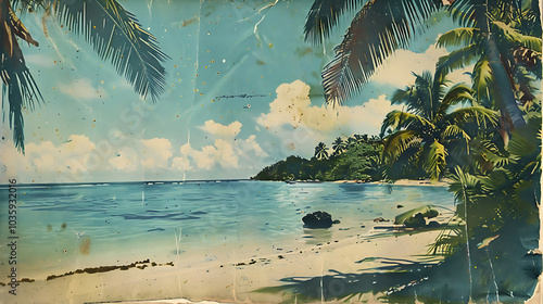 Old, faded, vintage postcard image of tropical beach and palm trees.