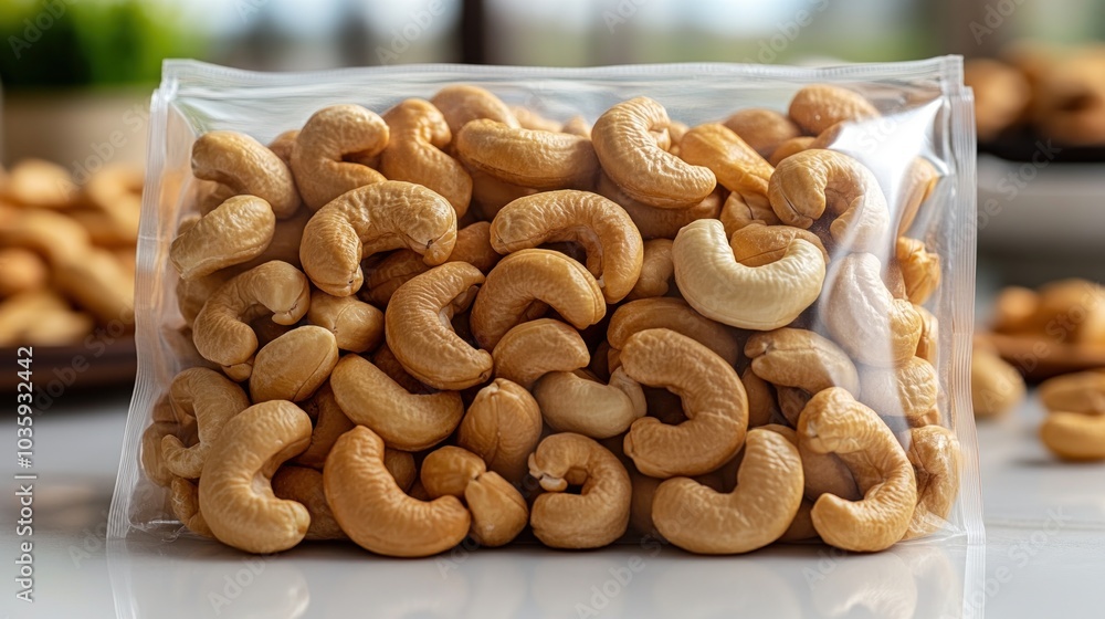 Cashews are neatly arranged in a transparent package, highlighting their natural charm Cashews are neatly arranged in a transparent package, highlighting their natural charm