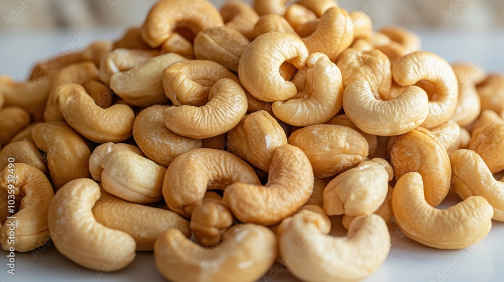 Cashews stacked high, showcasing their rich texture and warm tones, perfect for snacking Cashews stacked high, showcasing their rich texture and warm tones, perfect for snacking