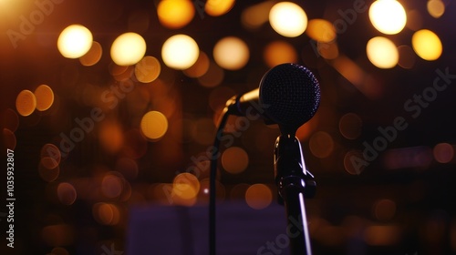 Close-up of microphone on stand in soundproof recording studio, positioned in front of script stand, symbolizing voice acting and audio production.