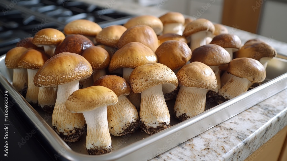 Freshly picked mushrooms arranged neatly on a tray in a cozy kitchen Freshly picked mushrooms arranged neatly on a tray in a cozy kitchen
