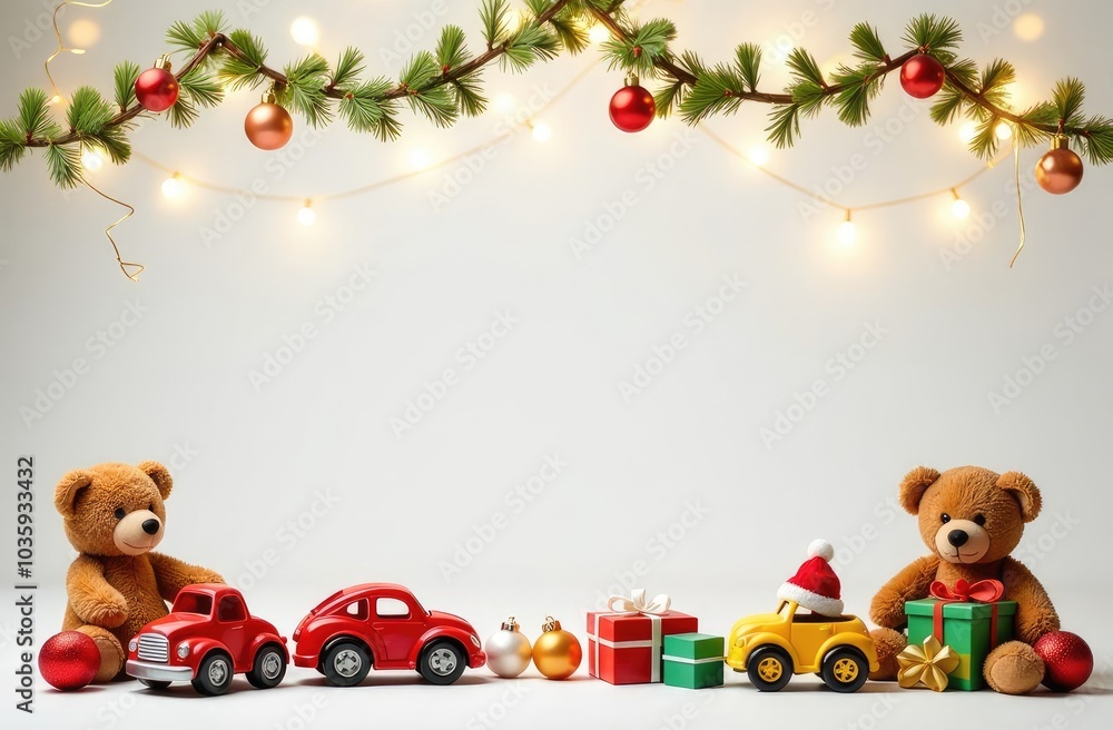 Obraz premium a text frame made of colorful children's toys, teddy bears, toy cars, balloons, cute, with golden garlands, on a white Christmas background, festive golden bokeh