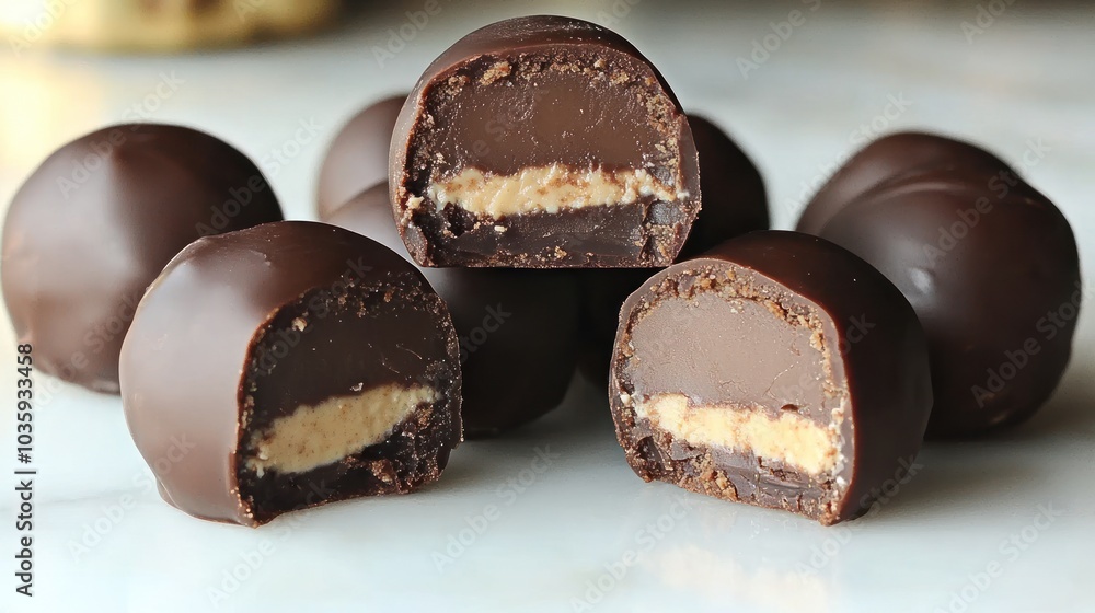 Delicious chocolate truffles reveal a rich peanut butter filling, enticing all around Delicious chocolate truffles reveal a rich peanut butter filling, enticing all around