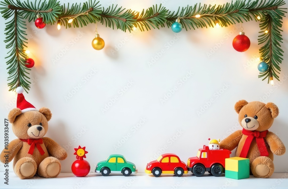 Fototapeta premium a text frame made of colorful children's toys, teddy bears, toy cars, balloons, cute, with golden garlands, on a white Christmas background, festive golden bokeh