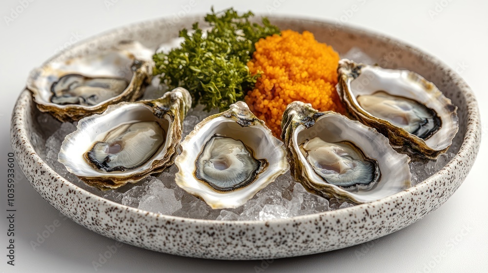 Exquisite oysters served on ice with vibrant roe and fresh greens, perfect for sharing Exquisite oysters served on ice with vibrant roe and fresh greens, perfect for sharing
