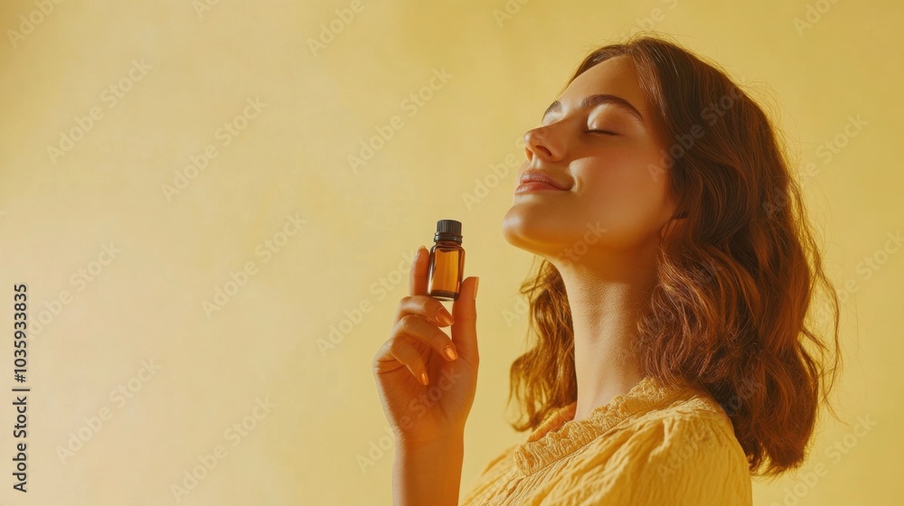 Fototapeta premium A woman gently holding a small bottle of essential oils, about to use it for relaxation
