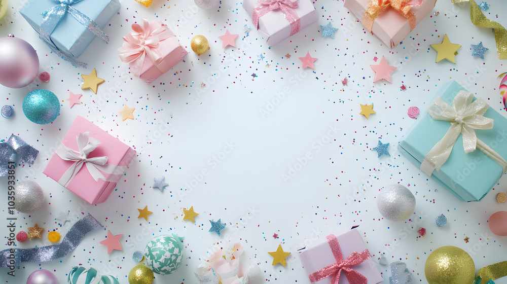 Creative birthday party Mock up frame with gift, streamer, star confetti, glitter on white background Creative birthday party Mock up frame with gift, streamer, star confetti, glitter on white background