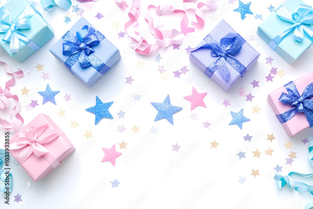 Creative birthday party Mock up frame with gift, streamer, star confetti, glitter on white background Creative birthday party Mock up frame with gift, streamer, star confetti, glitter on white background