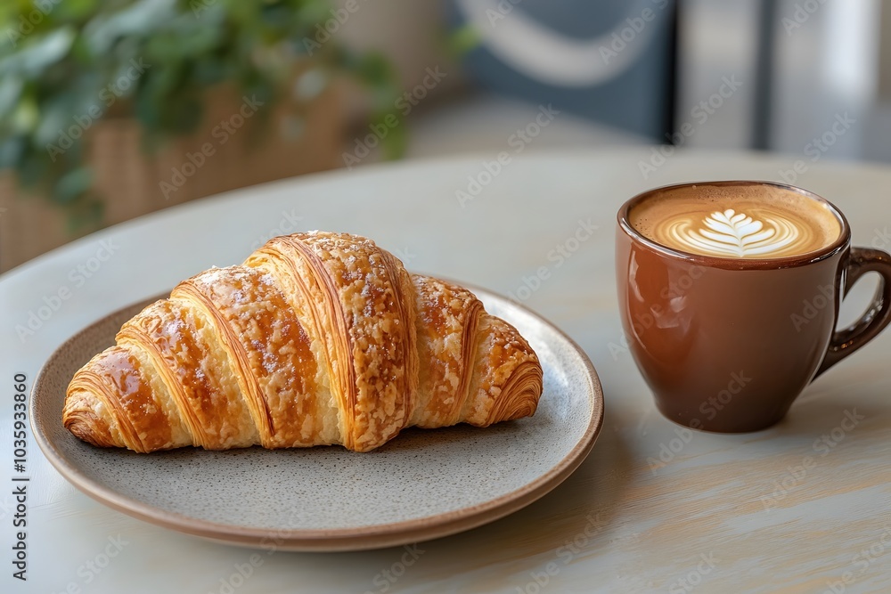 brown croissant and cup of coffee on the plate for the breakfast, morning baked snack brown croissant and cup of coffee on the plate for the breakfast, morning baked snack