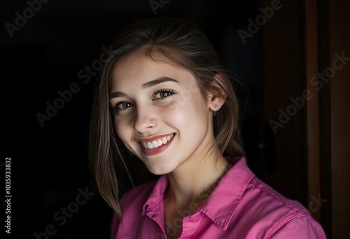 Portrait of a Smiling Young Woman in Pink Shirt