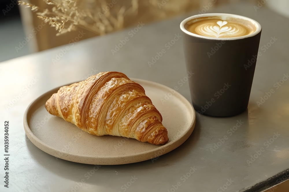 brown croissant and cup of coffee on the plate for the breakfast, morning baked snack brown croissant and cup of coffee on the plate for the breakfast, morning baked snack