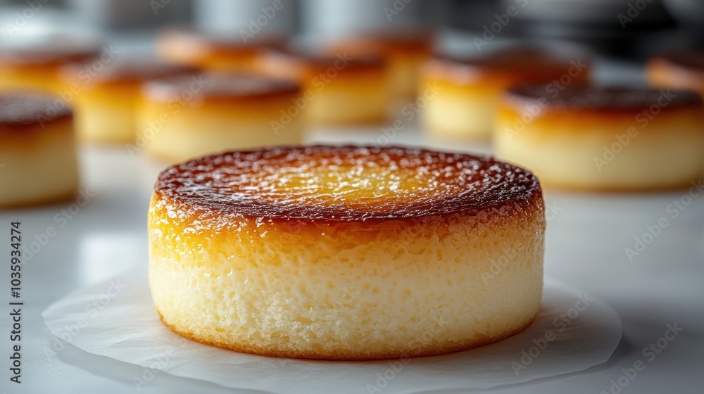 Golden brown flans delicately placed in a bright kitchen, enticing with their sweetness Golden brown flans delicately placed in a bright kitchen, enticing with their sweetness