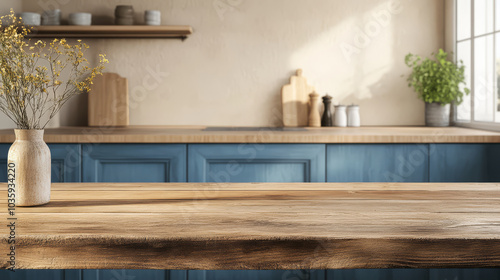 rustic wooden table in foreground with blue kitchen cabinets in background, creating cozy and inviting atmosphere. Sunlight streams through window, highlighting natural textures