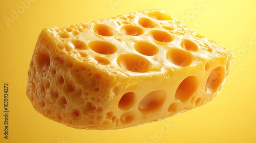 An appetizing slice of Swiss cheese showcases its holes and bright color beautifully