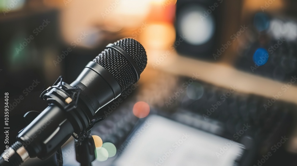 Close-up of microphone on stand in soundproof recording studio, positioned in front of script stand, symbolizing voice acting and audio production. Close-up of microphone on stand in soundproof recording studio, positioned in front of script stand, symbolizing voice acting and audio production.