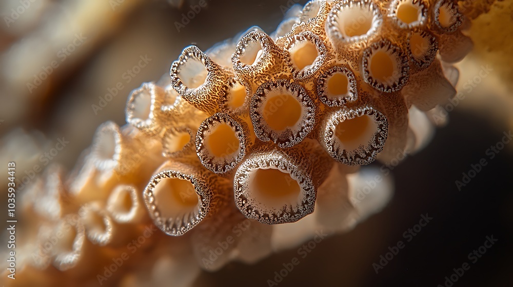A close-up view of a marine organism with distinctive suction cups, showcasing textures and colors in a natural underwater setting. A close-up view of a marine organism with distinctive suction cups, showcasing textures and colors in a natural underwater setting.