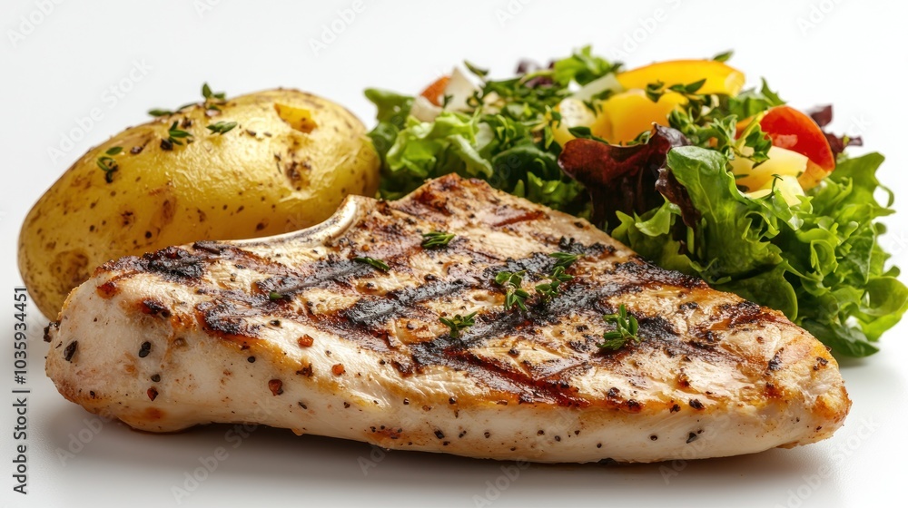 A delicious grilled chicken breast served with a baked potato and a vibrant salad A delicious grilled chicken breast served with a baked potato and a vibrant salad