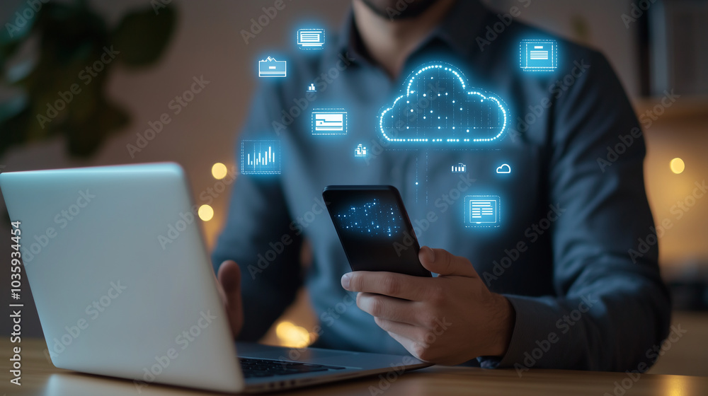 Businessman Working Remotely with Holographic Interface Businessman Working Remotely with Holographic Interface