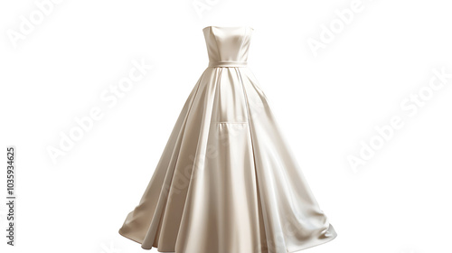 A simple white satin strapless ball gown with a belt.