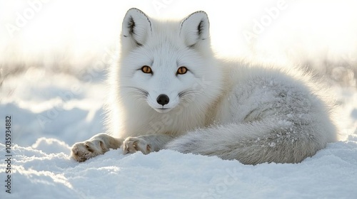 A majestic arctic fox, adorned in a pristine white coat, rests gracefully amidst the snowy expanse. Its piercing gaze surveys the surroundings