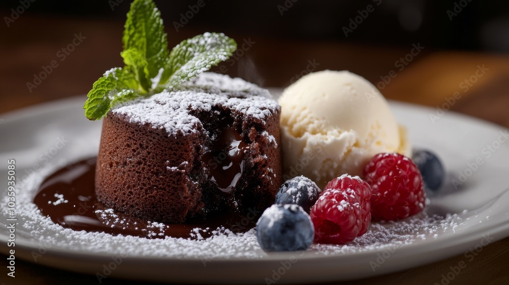 A decadent slice of chocolate lava cake with a molten chocolate center, dusted with powdered sugar and served with a scoop of vanilla ice cream, Lava cake centered A decadent slice of chocolate lava cake with a molten chocolate center, dusted with powdered sugar and served with a scoop of vanilla ice cream, Lava cake centered