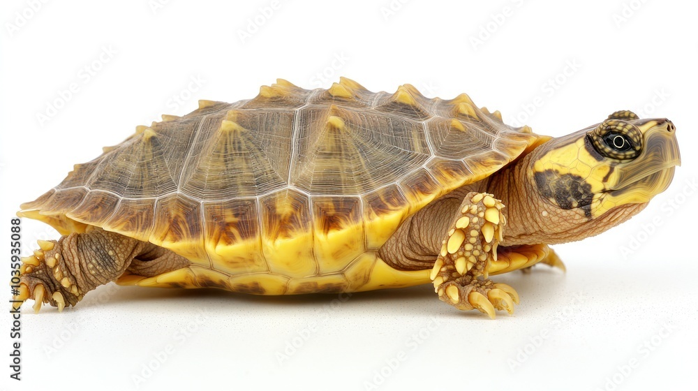 Obraz premium A colorful tortoise moves gracefully across a smooth surface in the studio