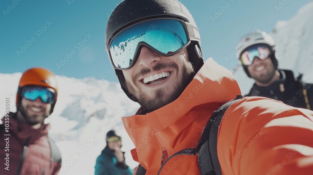 Happy young man wearing a ski suit in the alps with friends. Happy young man wearing a ski suit in the alps with friends.