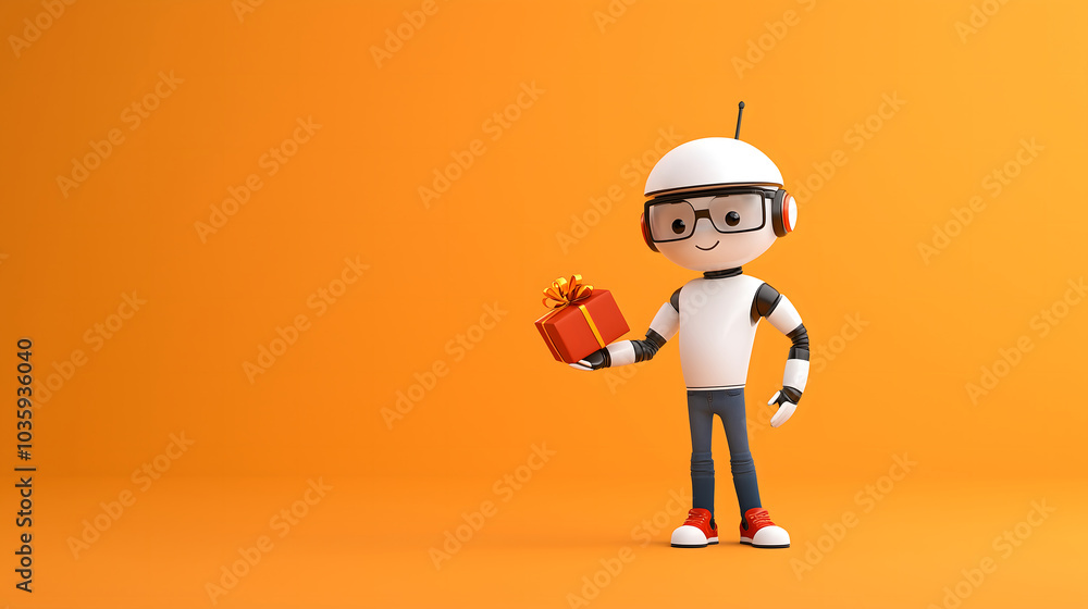 Obraz premium Isolated futuristic cartoon robot offering gift wrapped in red wrapped present.