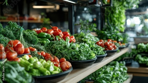 A vibrant market display of fresh tomatoes, greens, and peppers, artistically arranged to attract buyers looking for quality produce and healthy ingredients.