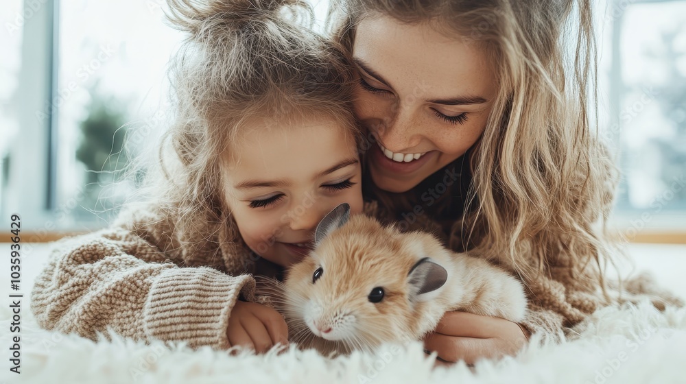 Heartwarming scene of a mother and daughter holding a fluffy pet, nestled on a white carpet in their cozy home, exemplifying love and familial bonds with warmth. Heartwarming scene of a mother and daughter holding a fluffy pet, nestled on a white carpet in their cozy home, exemplifying love and familial bonds with warmth.