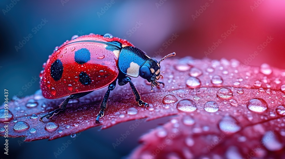 Fototapeta premium Close-up of a ladybug on a dewy leaf.