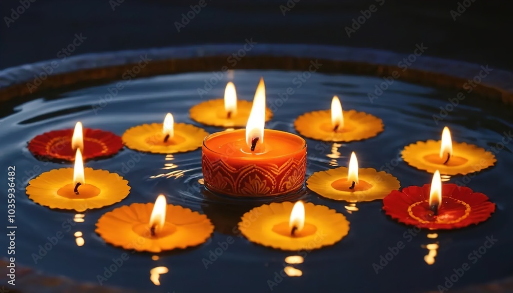 Burning candles in water for Diwali creates a festive ambiance, symbolizing light, joy, and celebration. Burning candles in water for Diwali creates a festive ambiance, symbolizing light, joy, and celebration.