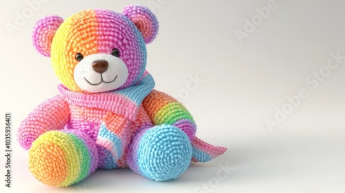 A colorful knitted teddy bear with a rainbow scarf sits on a white background.