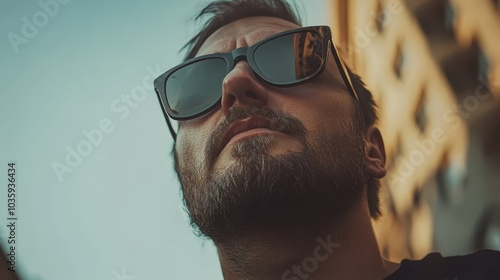 Dramatic close-up of a man with sunglasses gazing upwards against a towering urban backdrop, conveying themes of ambition and contemporary style in city life. photo