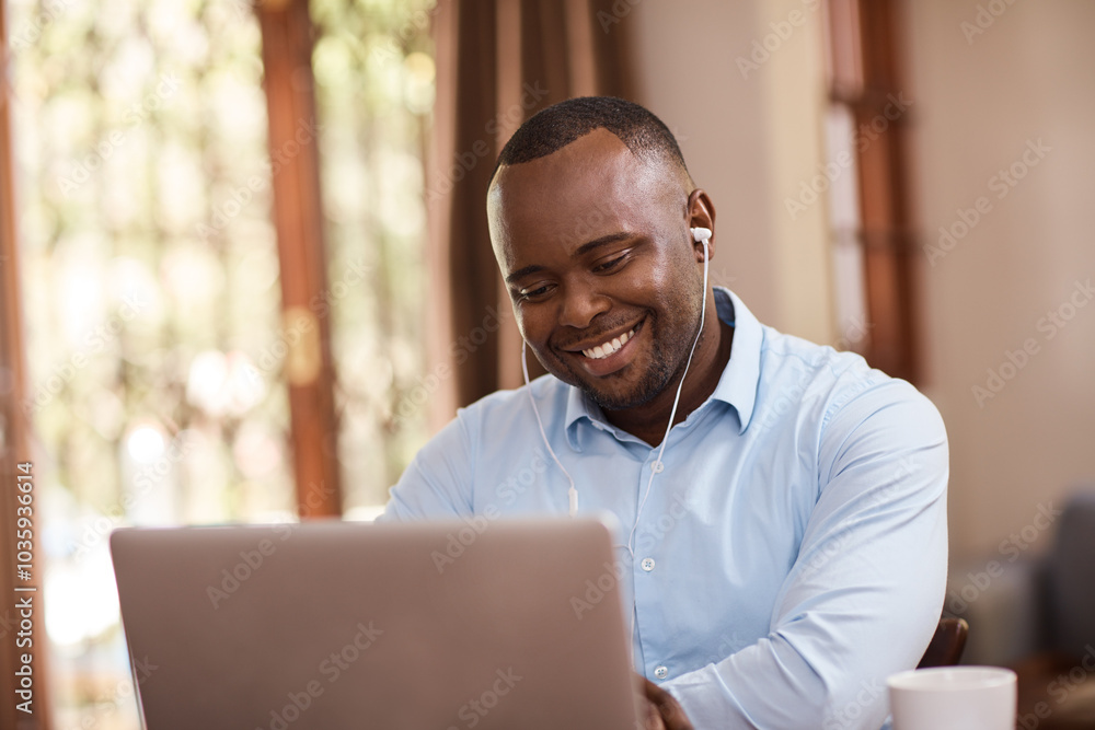 Black man, earphones and laptop for remote work at house with financial planning, review budget and schedule. Person, smile and music with accounting, audit report and investment funding for project Black man, earphones and laptop for remote work at house with financial planning, review budget and schedule. Person, smile and music with accounting, audit report and investment funding for project