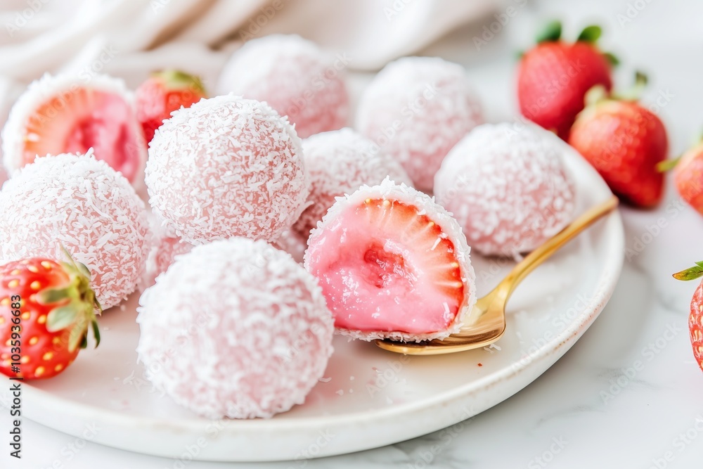 pink coconut-covered truffles with creamy strawberry filling, arranged on a white plate alongside fresh strawberries, some halved to reveal juicy interiors pink coconut-covered truffles with creamy strawberry filling, arranged on a white plate alongside fresh strawberries, some halved to reveal juicy interiors