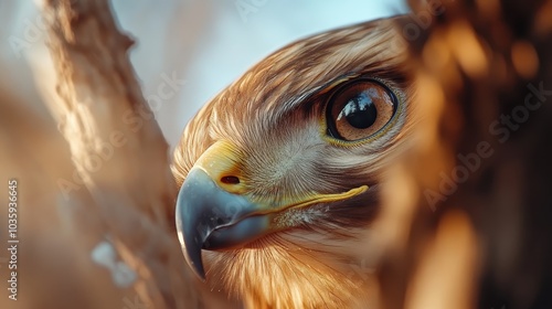 A detailed bird peeks through branches, its watchful eye catching light in a serene natural setting, symbolizing patience and observation skills. photo